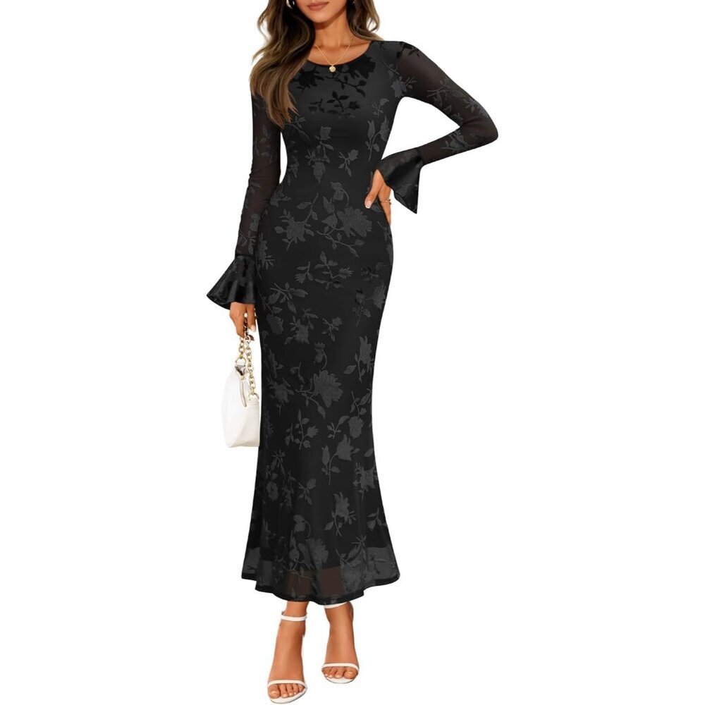 Women's Black Bell Long Sleeve Floral Maxi Dress Spring Fashion Bodycon Mesh